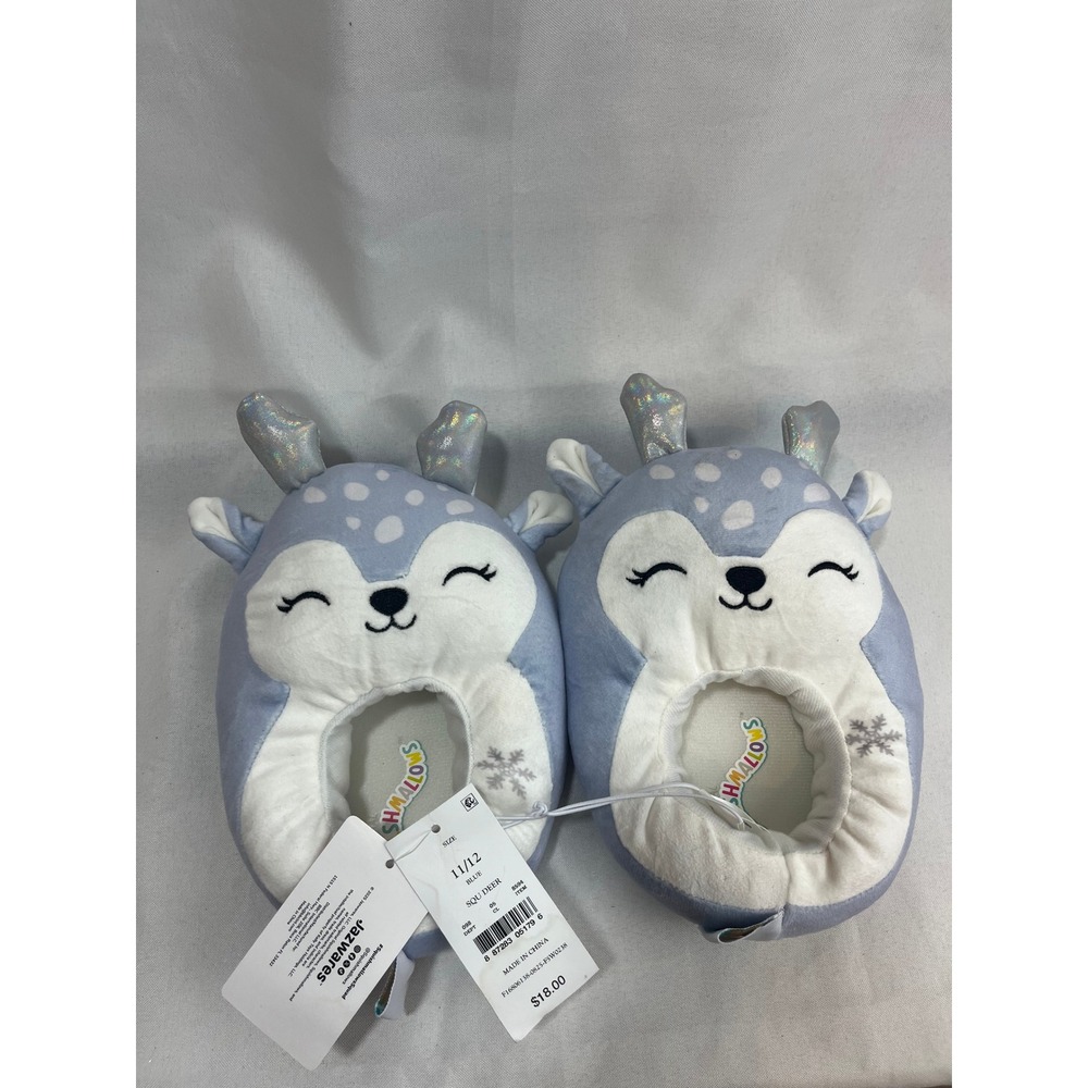 Squishmallows Blue Deer Kids Plush Slippers Silver Antlers Size 11/12 NWT